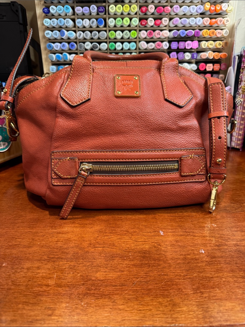 MCM Top Handle Satchel in Brick Red/Rust